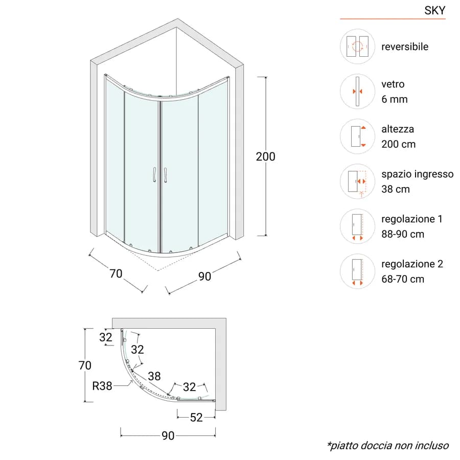 Box doccia 70x90 cm semicircolare in vetro temperato trasparente telaio cromo 200h - Sky