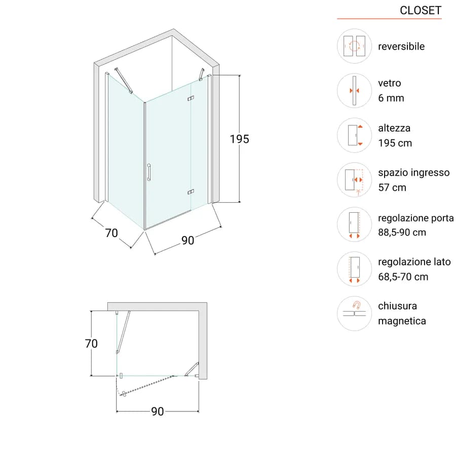 Box doccia 70x90 cm battente vetro temperato anticalcare 195h - Closet