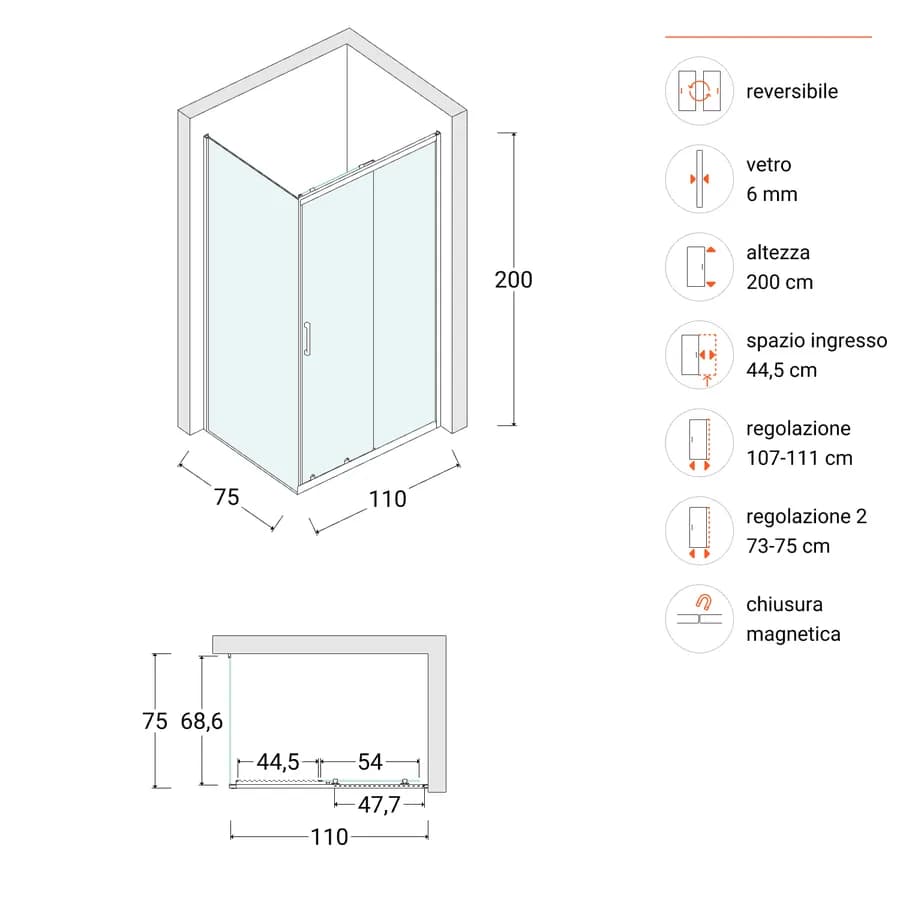 Box doccia 75x110 cm scorrevole con vetro trasparente e profilo cromo 200h - Skin