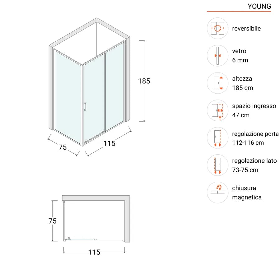 Box doccia 75x115 cm scorrevole vetro temperato 6mm stampato 185h - Young