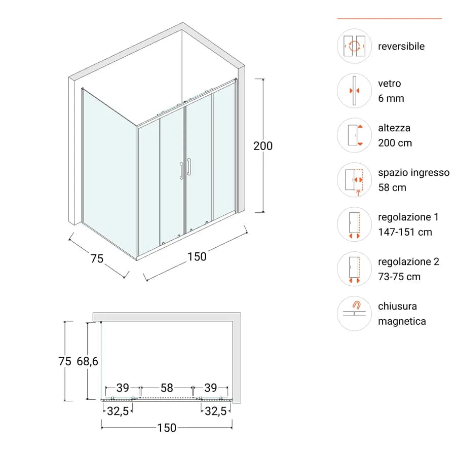 Box doccia 75x150 cm doppio scorrevole con vetro trasparente e profilo cromo 200h - Skin