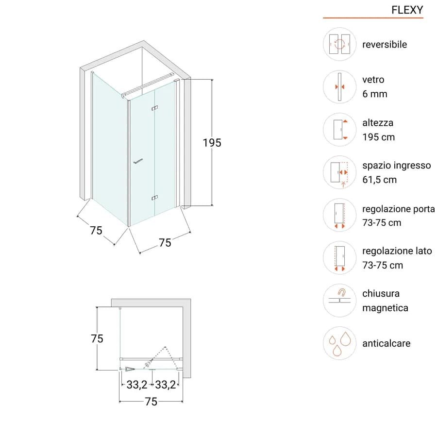 Box doccia 75x75 cm a soffietto vetro anticalcare trasparente profilo cromo 195h - Flexy