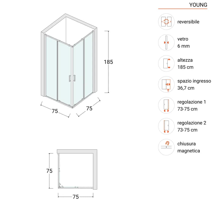 Box doccia 75x75 cm doppio scorrevole vetro temperato 6mm trasparente 185h - Young