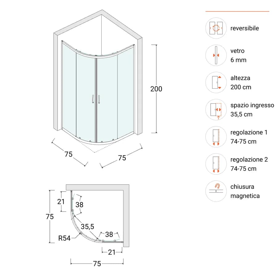 Box doccia semicircolare 75x75 cm scorrevole con vetro stampato e profilo cromo 200h - Skin