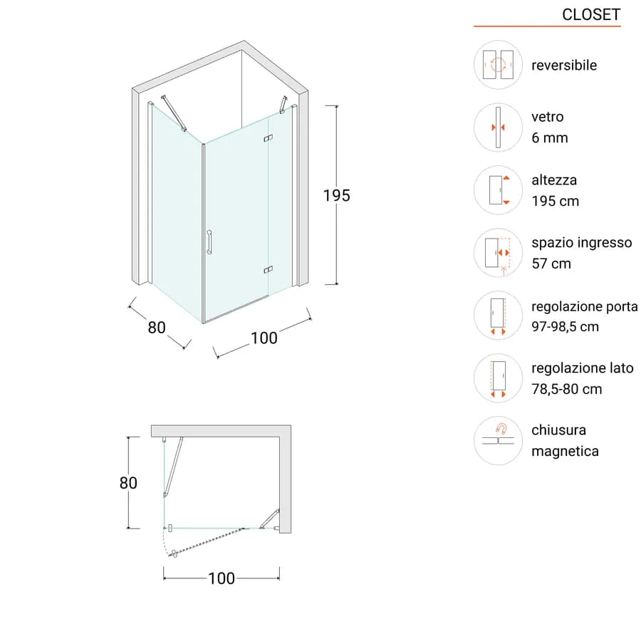 Box doccia 80x100 cm battente vetro temperato anticalcare 195h - Closet