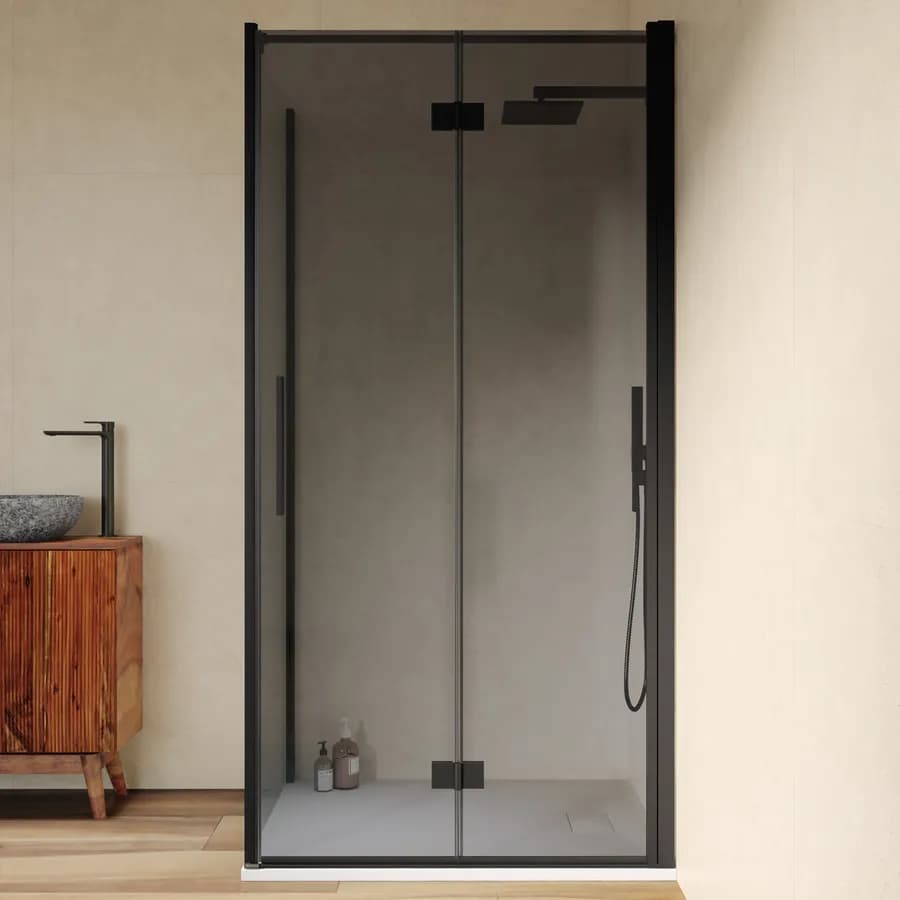 Box doccia 80x100 cm a soffietto vetro anticalcare fumé e profilo nero opaco 195h - Flexy