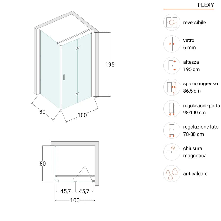 Box doccia 80x100 cm a soffietto vetro anticalcare fumé e profilo nero opaco 195h - Flexy