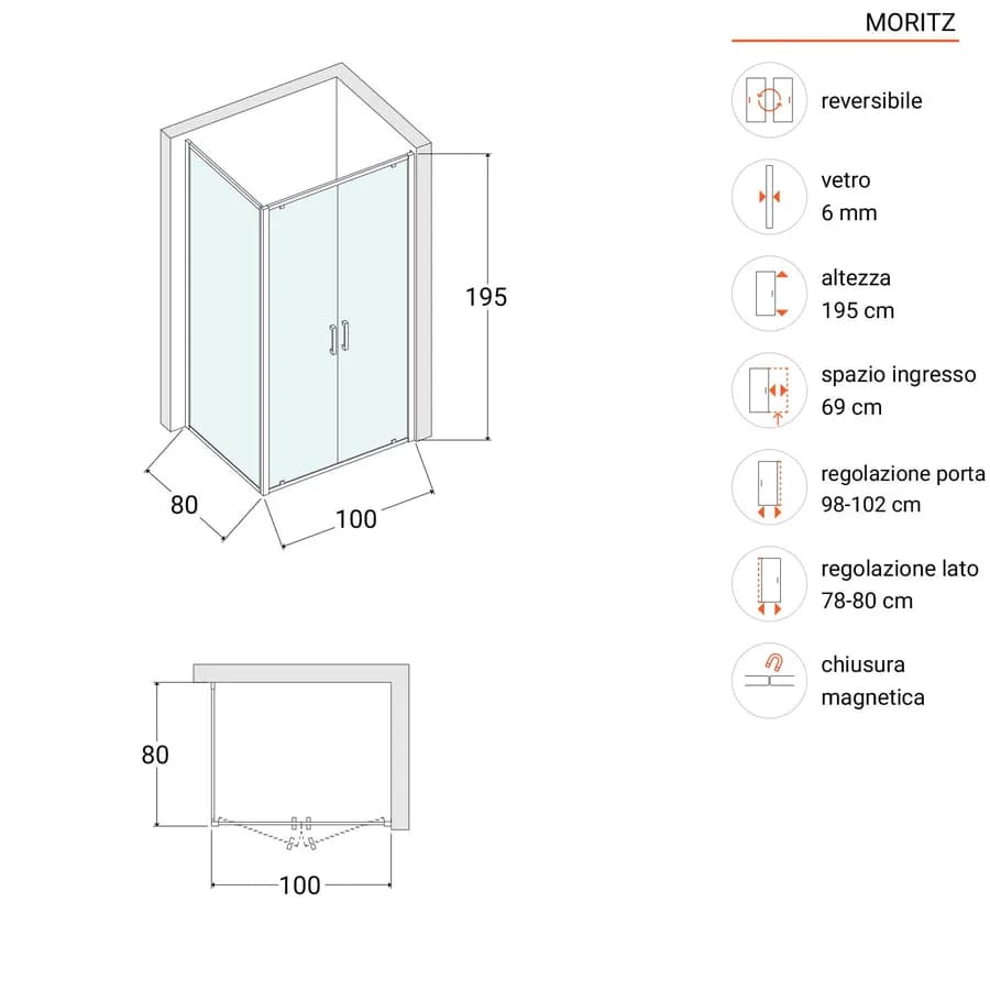 Box doccia 80x100 cm doppio battente vetro opaco profilo cromo 195h - Moritz