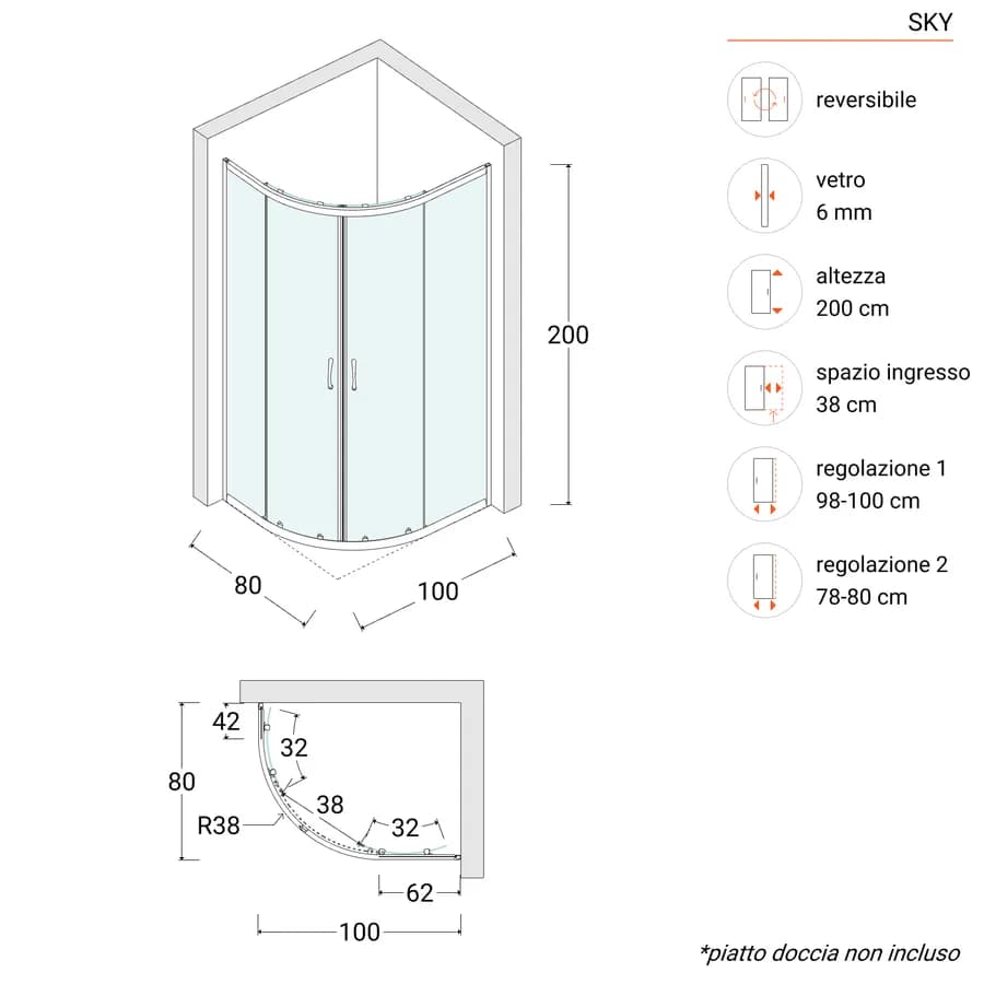 Box doccia 80x100 cm semicircolare in vetro temperato stampato telaio cromo 200h - Sky