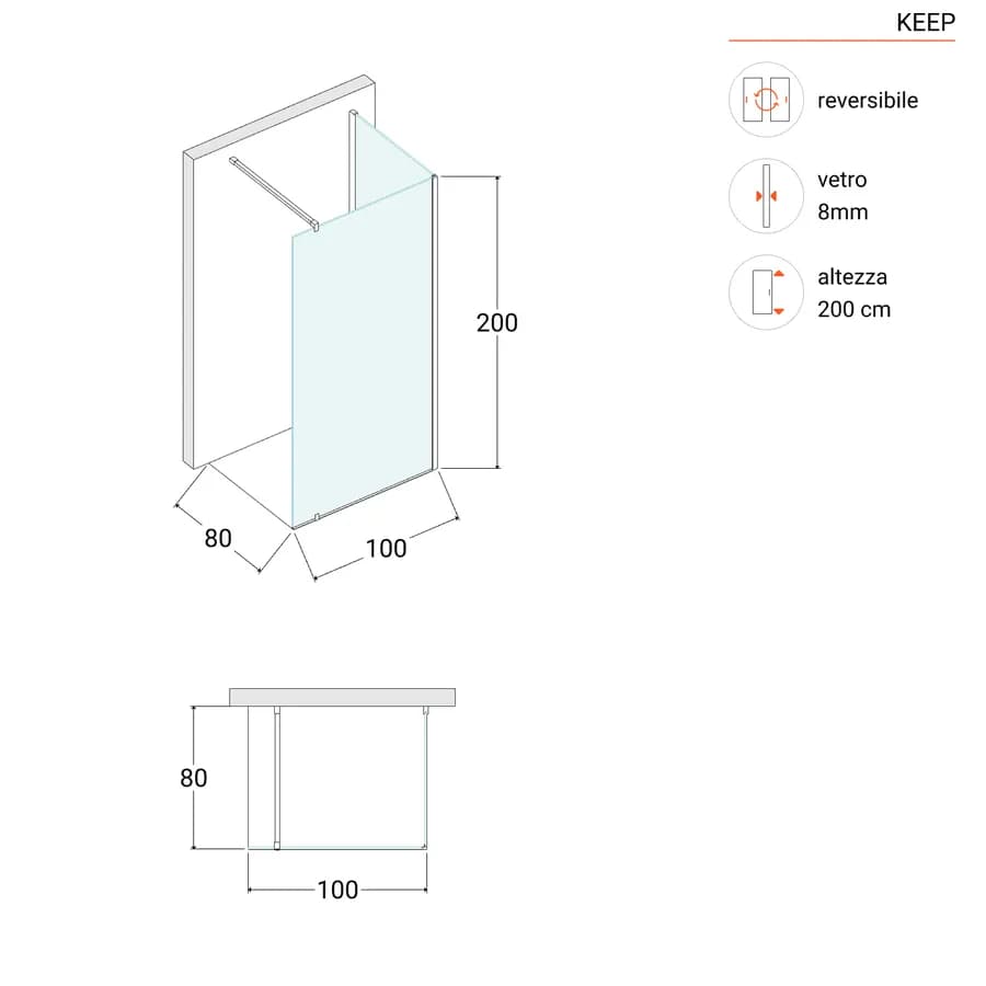 Box doccia walk-in 80x100 cm angolare con vetro trasparente e profilo cromo 200h - Keep