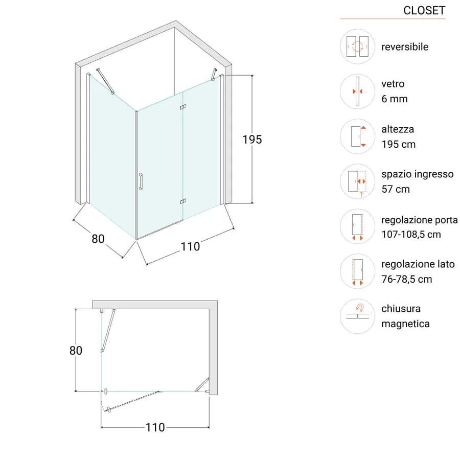 Box doccia 80x110 cm battente vetro temperato anticalcare 195h - Closet