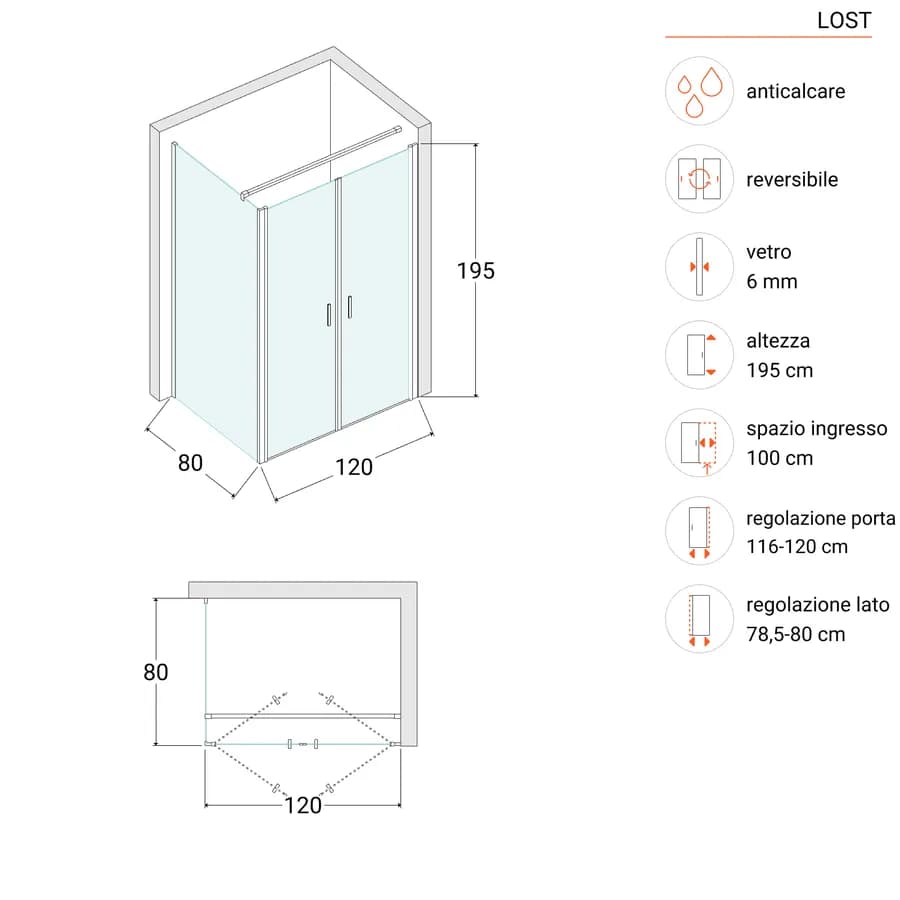 Box doccia 80x120 apertura saloon con vetro anticalcare opaco e profilo cromo 195h - Lost