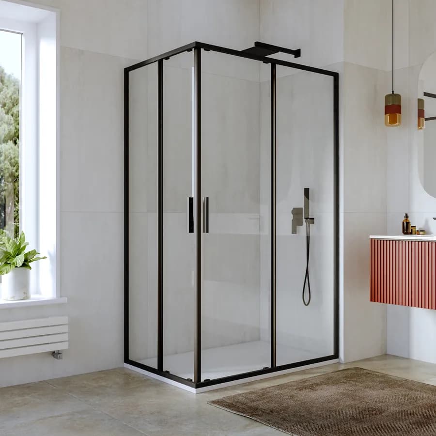 Box doccia 80x120 cm angolare scorrevole con vetro slim trasparente e profilo nero opaco 195h - Glide