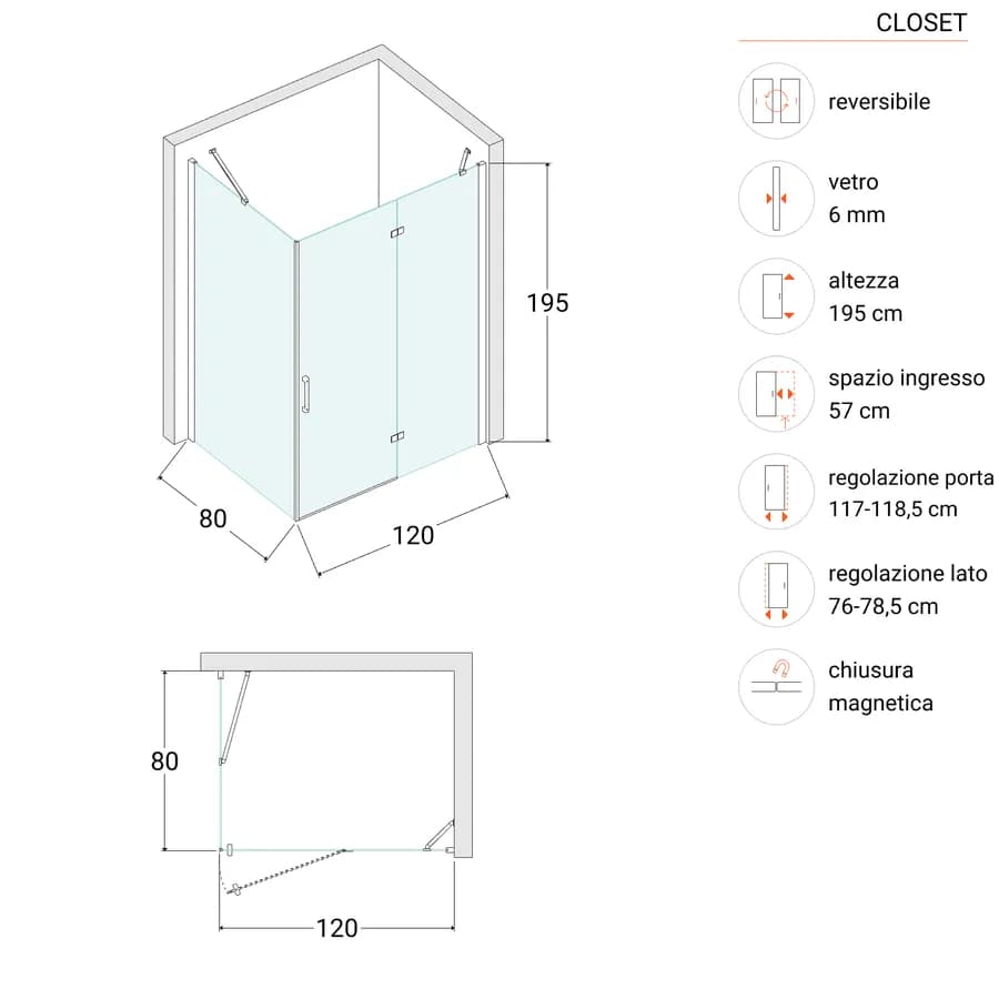 Box doccia 80x120 cm battente vetro temperato anticalcare 195h - Closet