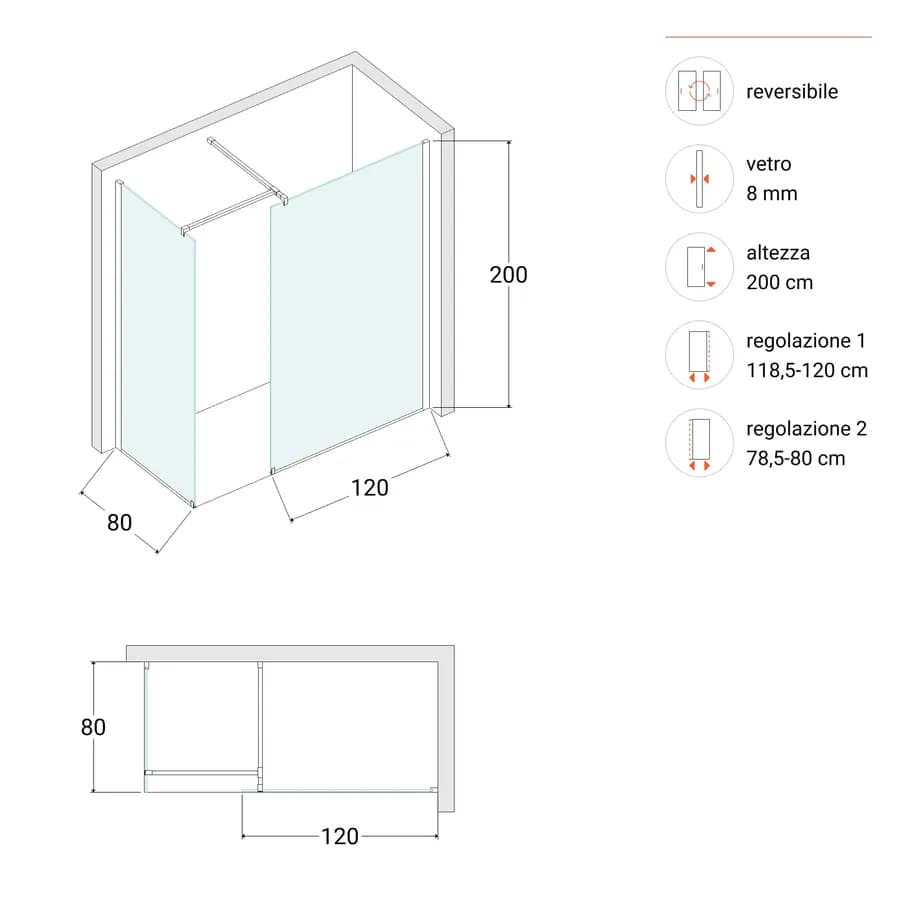 Box doccia 80x120 cm due lati con vetro anticalcare trasparente e profilo cromo 200h - Keep