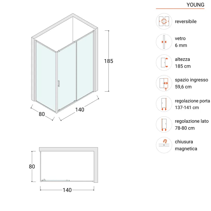Box doccia 80x140 cm scorrevole vetro temperato 6mm trasparente 185h - Young