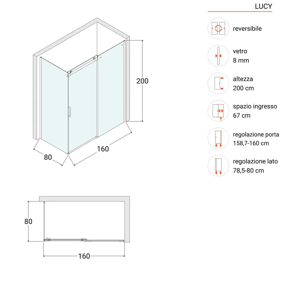 Box doccia 80x160 cm scorrevole in vetro anticalcare trasparente e profilo cromo 200h - Lucy