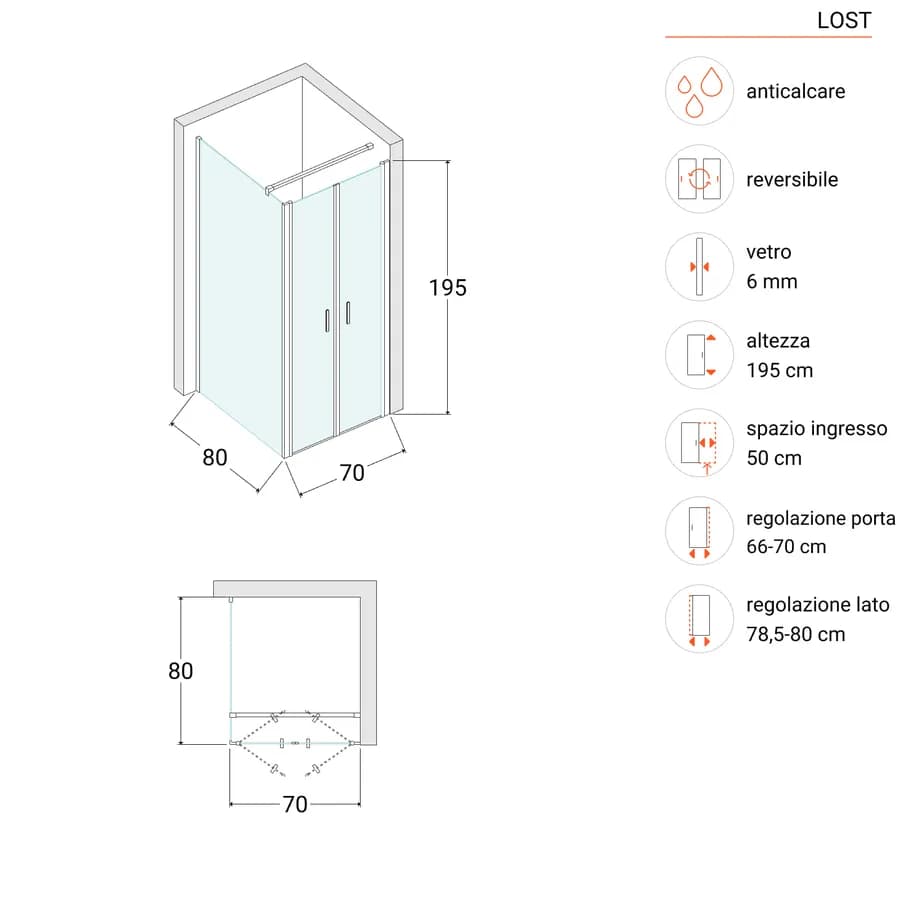 Box doccia 80x70 apertura saloon con vetro anticalcare trasparente e profilo cromo 195h - Lost