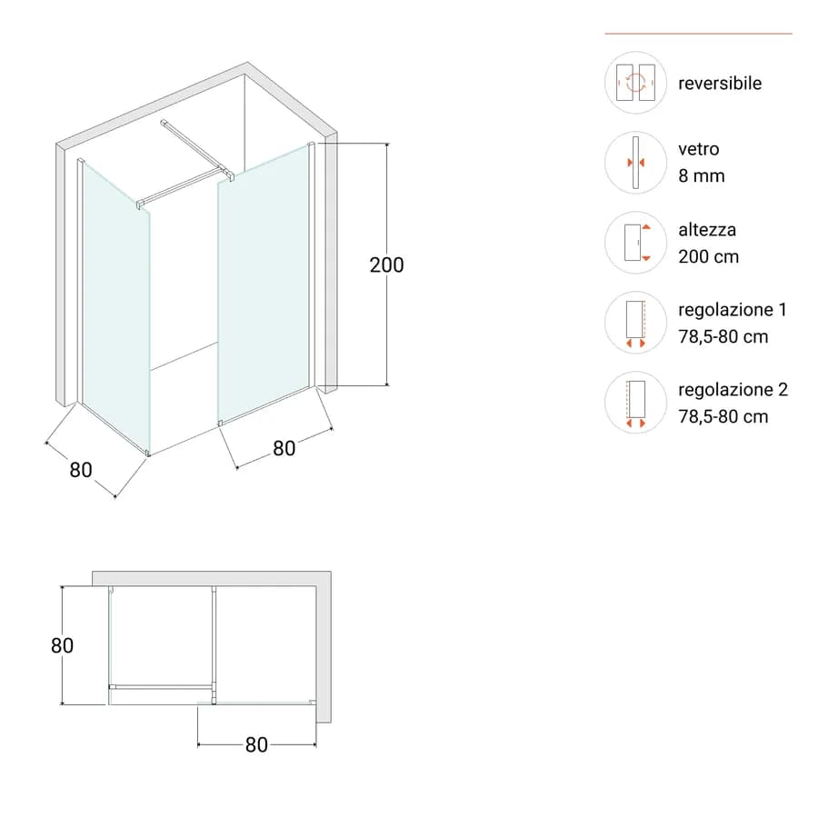 Box doccia walk-in due lati 80x80 cm vetro anticalcare trasparente e profilo cromo 200h - Keep