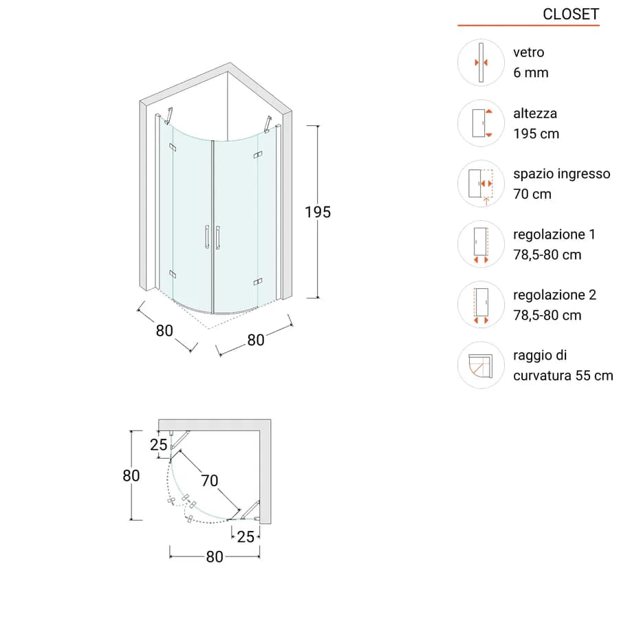 Box doccia battente 80x80 cm semicircolare vetro temperato anticalcare 195h - Closet