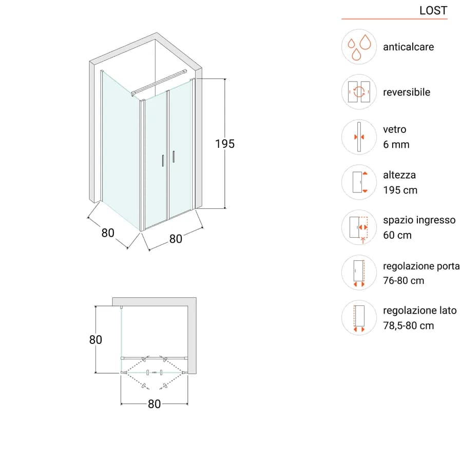 Box doccia 80x80 apertura saloon con vetro anticalcare opaco e profilo cromo 195h - Lost
