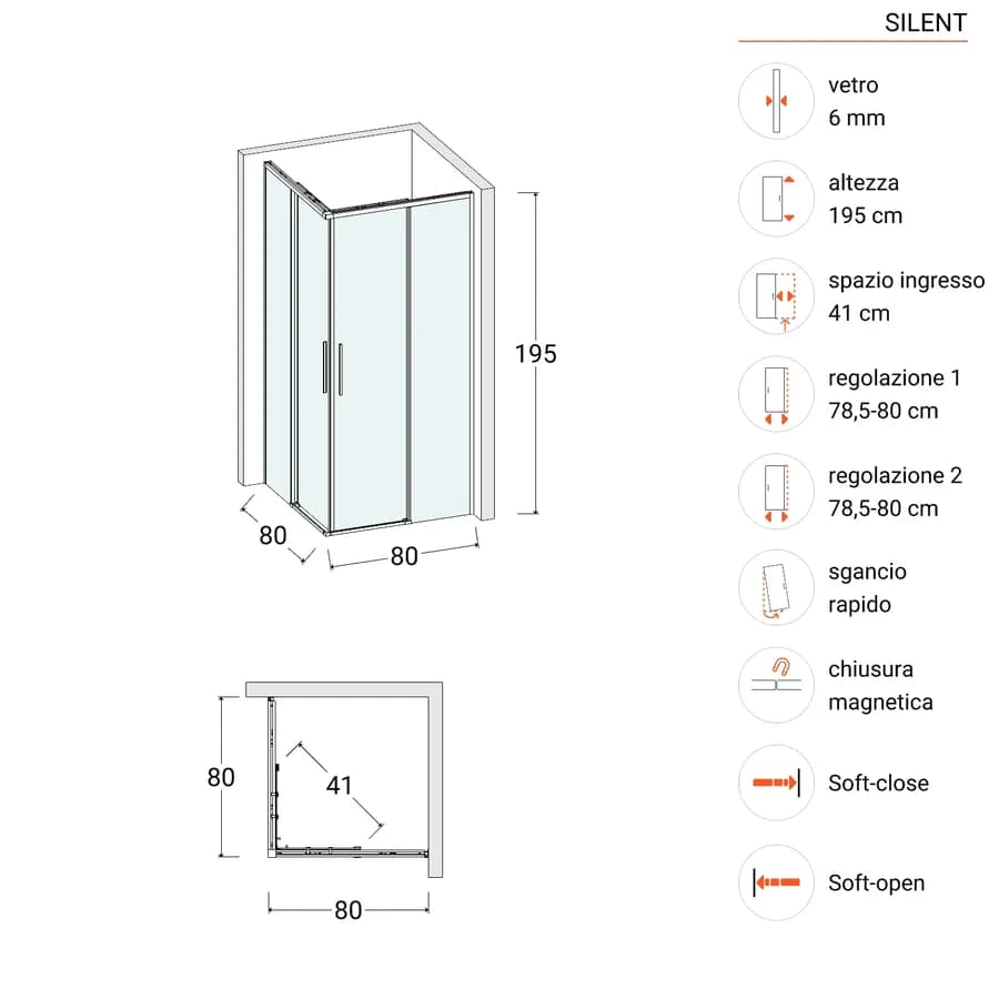 Box doccia 80x80 cm angolare scorrevole con vetro trasparente e profilo cromo 195h - Silent