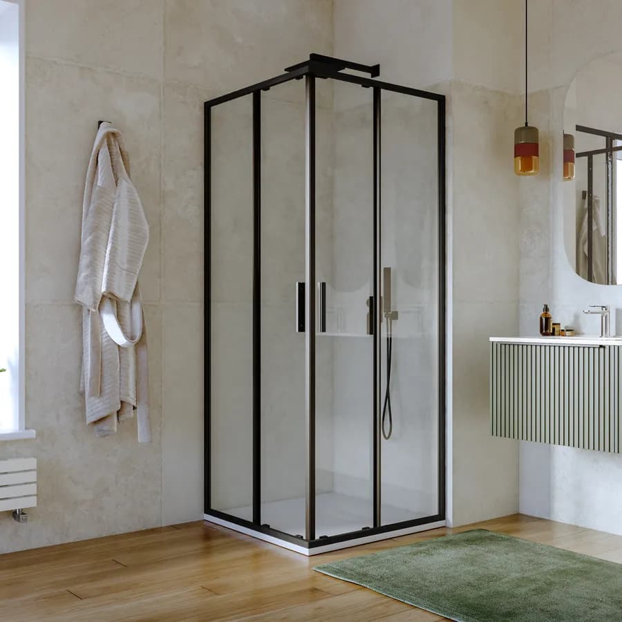 Box doccia 80x80 cm angolare scorrevole con vetro slim trasparente e profilo nero opaco 195h - Glide