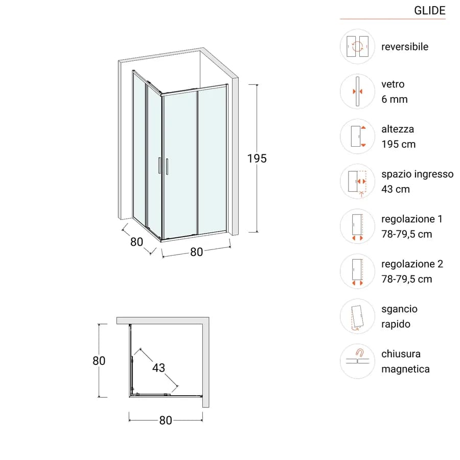 Box doccia 80x80 cm angolare scorrevole con vetro slim trasparente e profilo nero opaco 195h - Glide