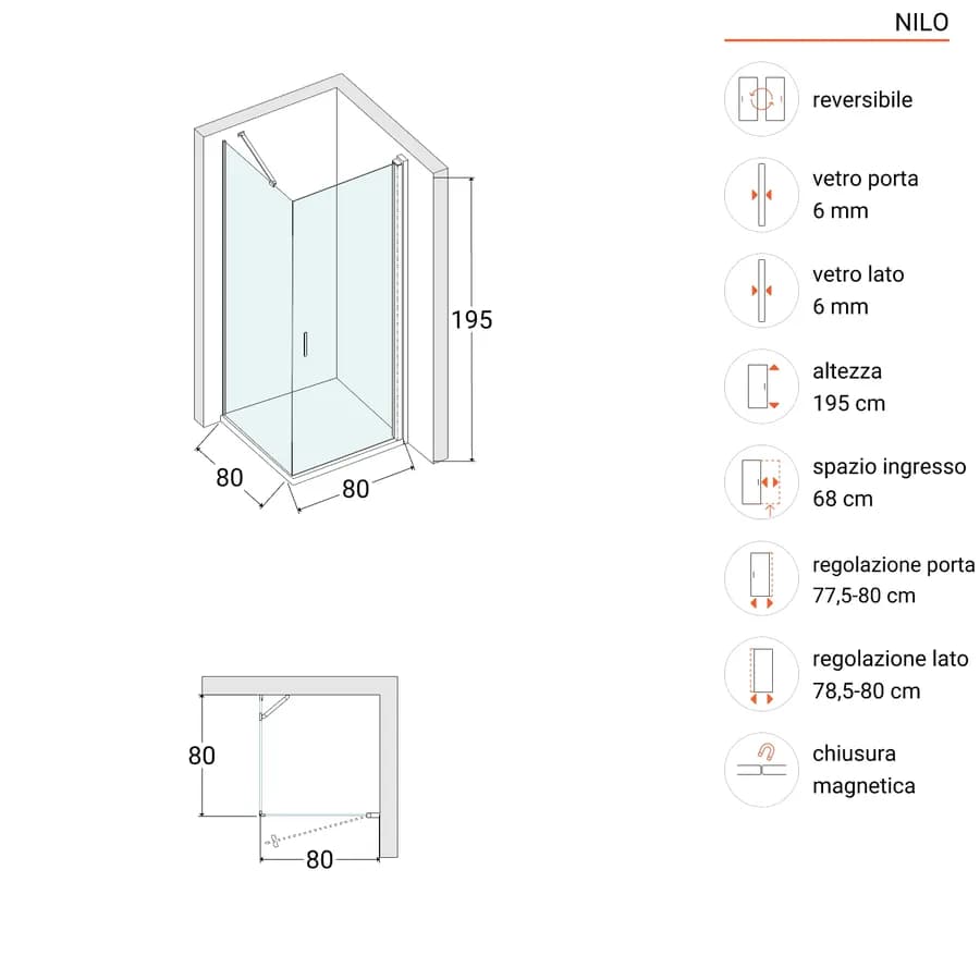 Box doccia 80x80 cm battente 80 cm con vetro temperato bronzato e profilo cromo 195h - Nilo