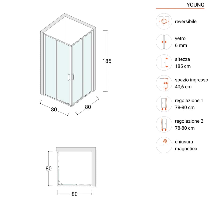 Box doccia 80x80 cm doppio scorrevole vetro temperato 6mm stampato 185h - Young
