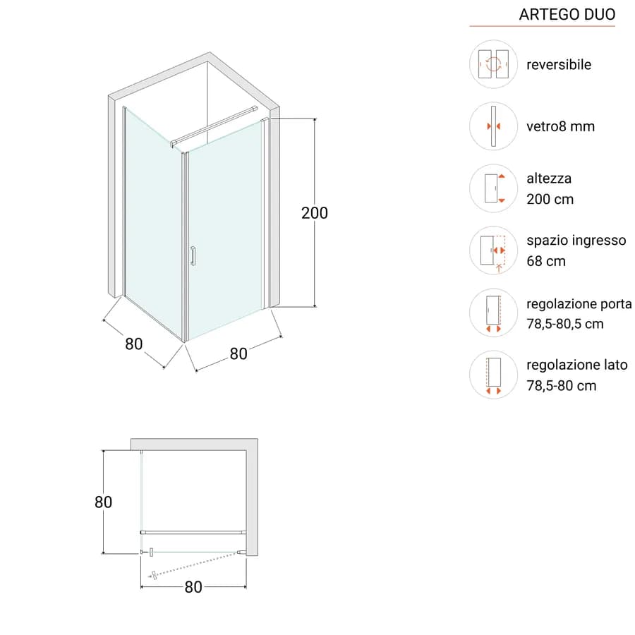Box doccia 80X80 cm lato fisso specchiato con battente e profilo cromo 200h - Artego Duo