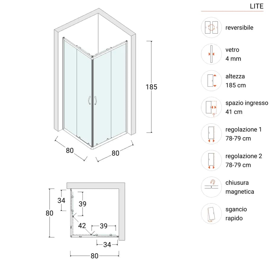 Box doccia 80X80 cm scorrevole con vetro trasparente e profilo nero opaco 185h - Lite