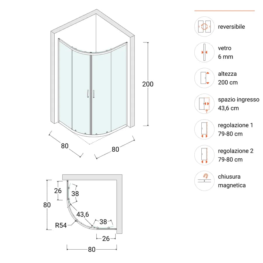 Box doccia semicircolare 80x80 cm scorrevole con vetro stampato e profilo cromo 200h - Skin