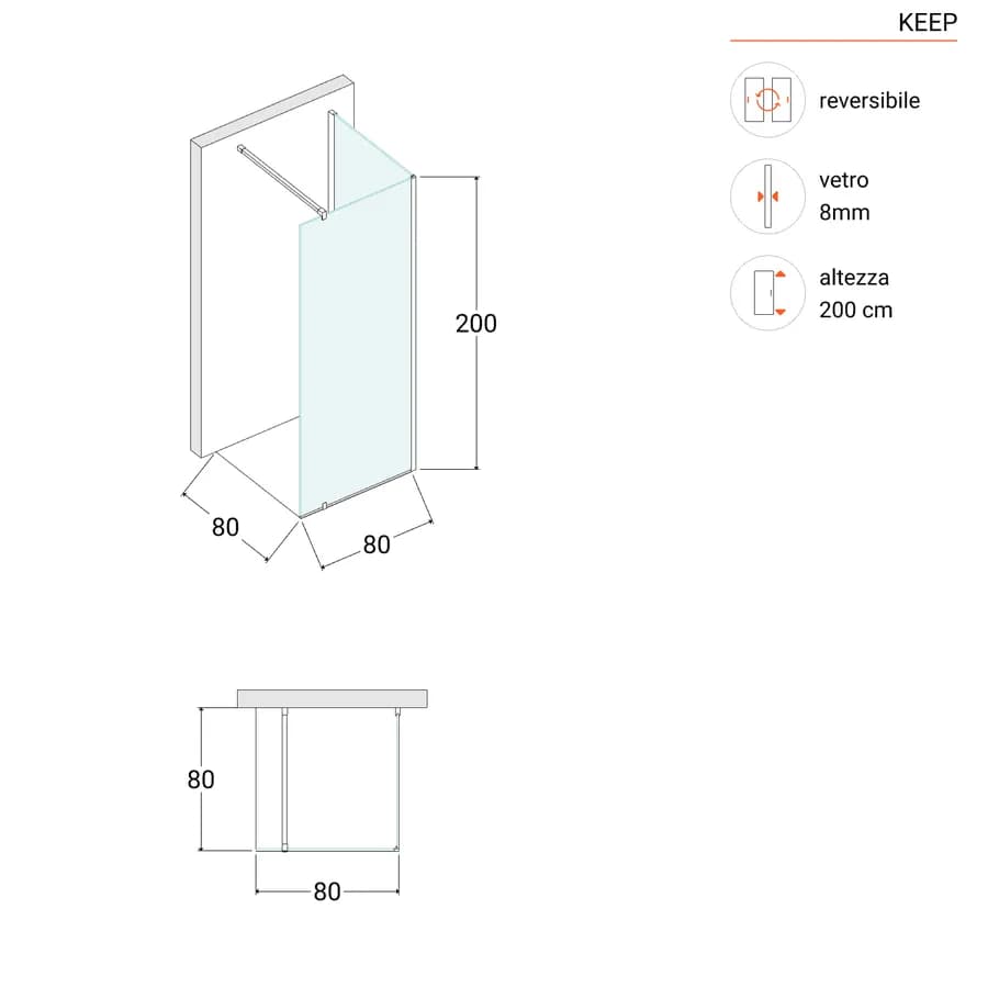 Box doccia walk-in 80x80cm angolare con vetro trasparente e profilo cromo 200h - Keep