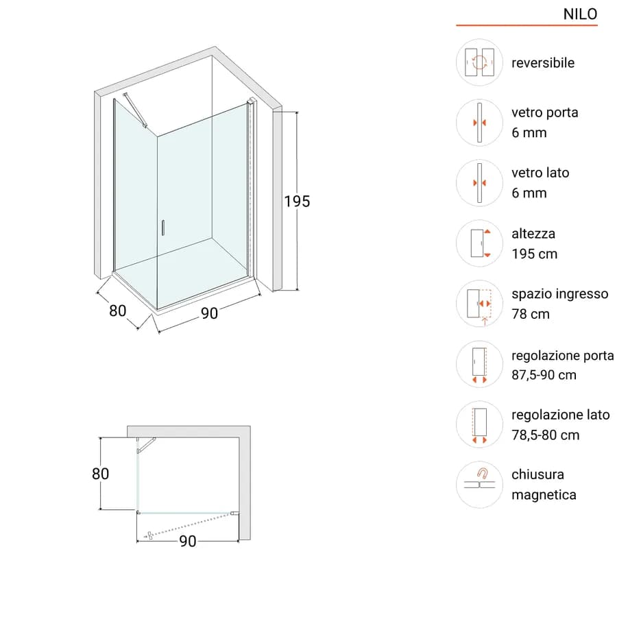 Box doccia 80x90 cm battente 90 cm con vetro temperato bronzato e profilo nero 195h - Nilo
