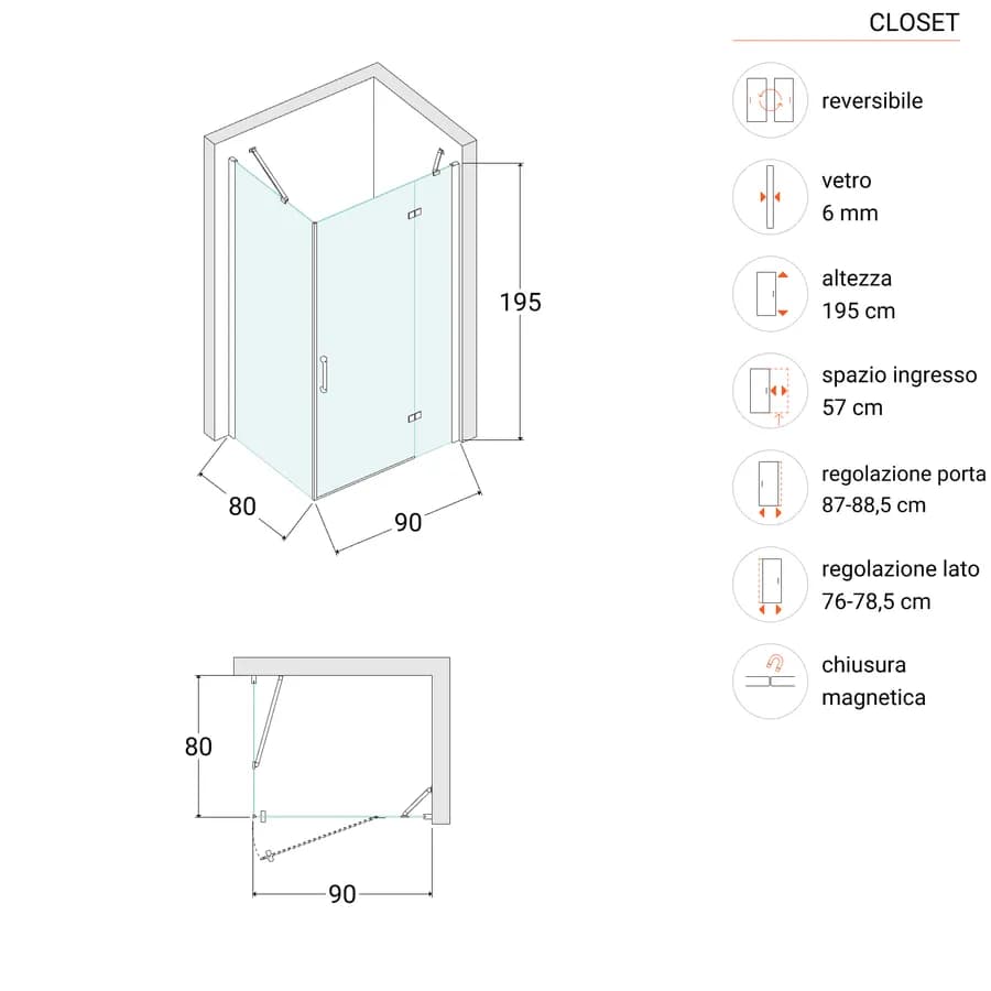 Box doccia 80x90 cm battente vetro temperato anticalcare 195h - Closet