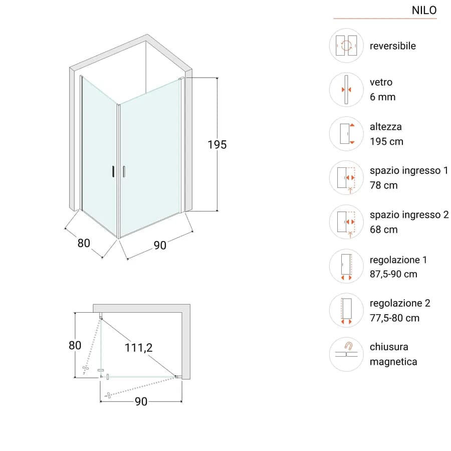 Box doccia 80x90 cm doppio battente con vetro temperato opaco e profilo cromo 195h - Nilo