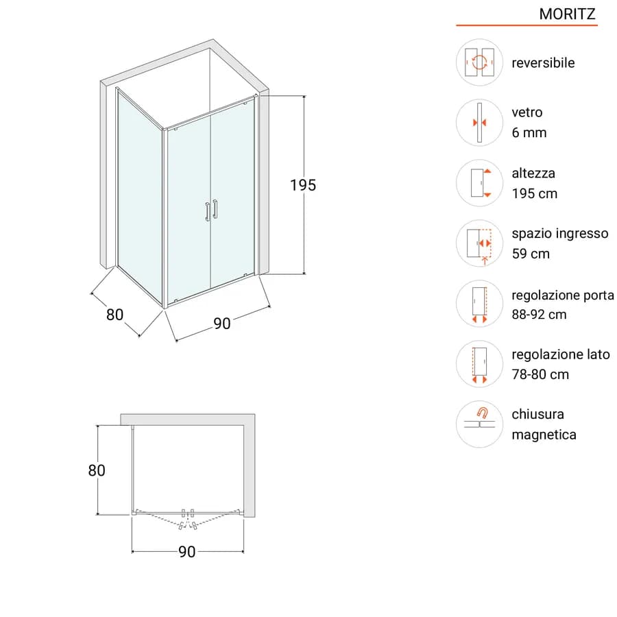 Box doccia 80x90 cm doppio battente vetro opaco profilo cromo 195h - Moritz