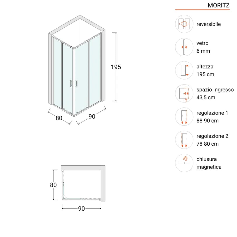 Box doccia 80x90 cm angolare scorrevole vetro trasparente anticalcare profilo cromo 195h - Moritz