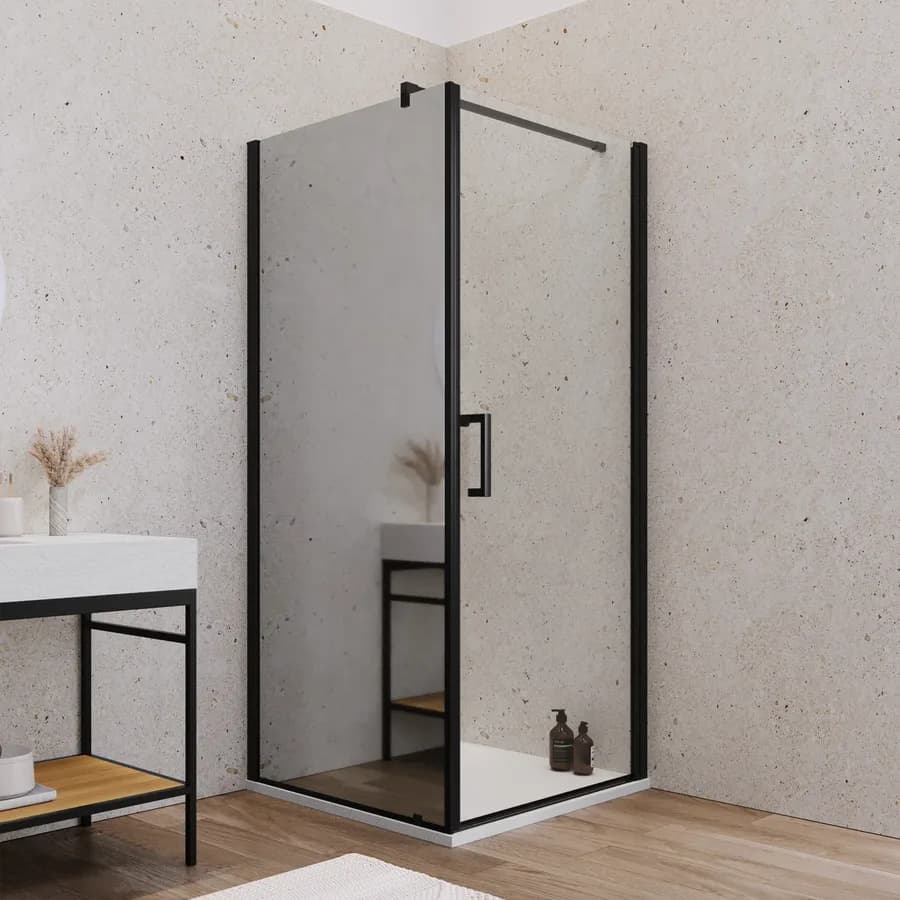Box doccia 80X90 cm lato fisso specchiato con battente e profilo nero 200h - Artego Duo