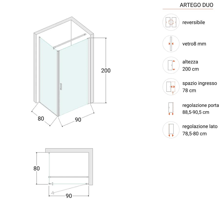 Box doccia 80X90 cm lato fisso specchiato con battente e profilo nero 200h - Artego Duo