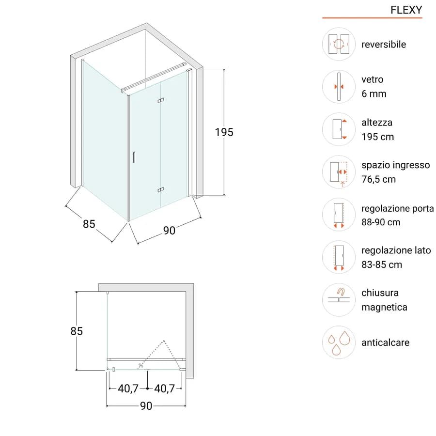 Box doccia 85x90 cm a soffietto in vetro anticalcare opaco profilo cromo 195h - Flexy