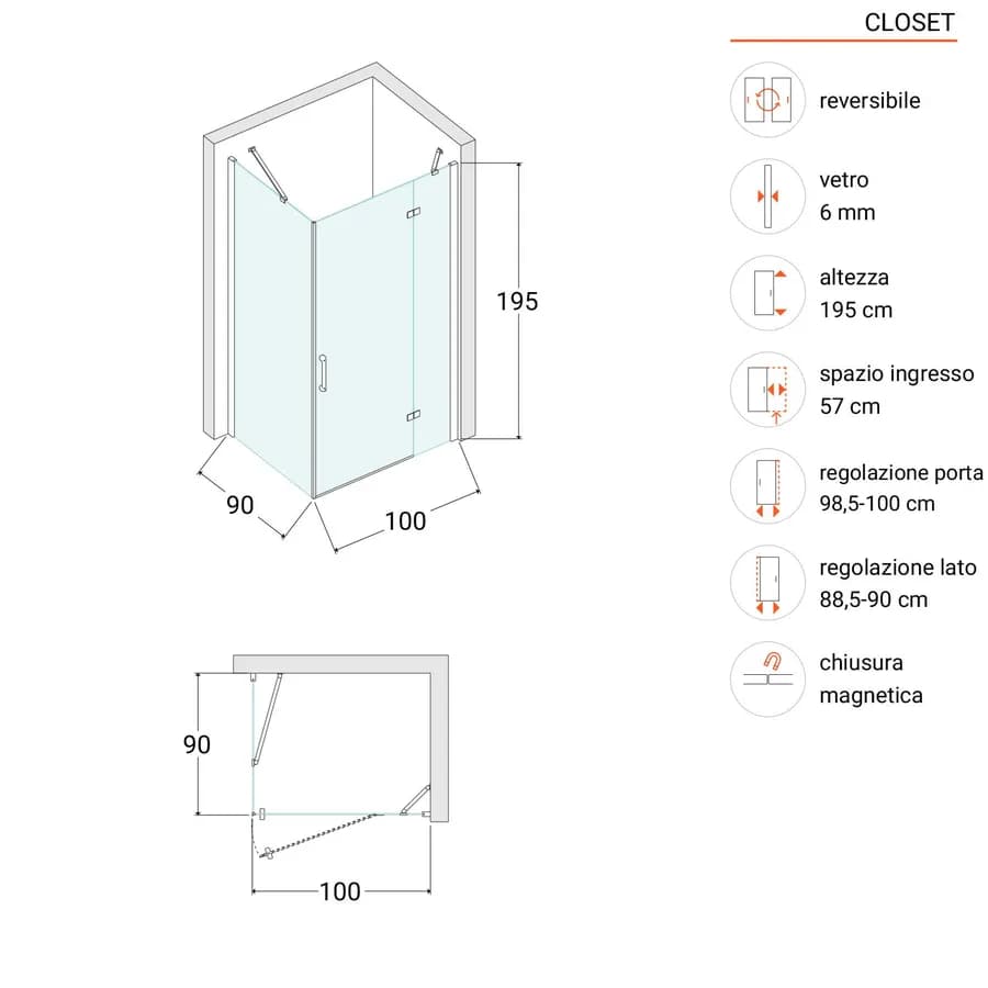 Box doccia 90x100 cm battente vetro temperato anticalcare 195h - Closet