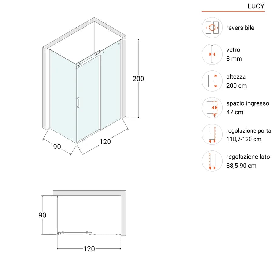 Box doccia 90x120 cm scorrevole in vetro anticalcare trasparente e profilo cromo 200h - Lucy
