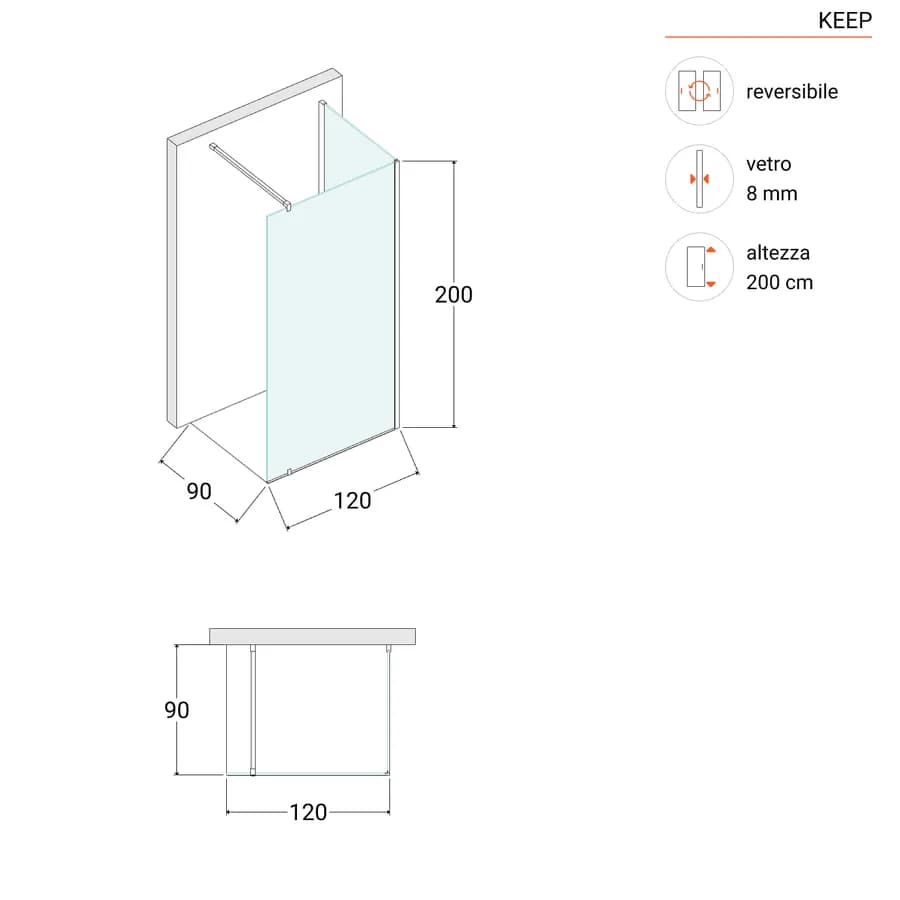 Box doccia walk-in 90x120 cm angolare con vetro trasparente e profilo cromo 200h - Keep