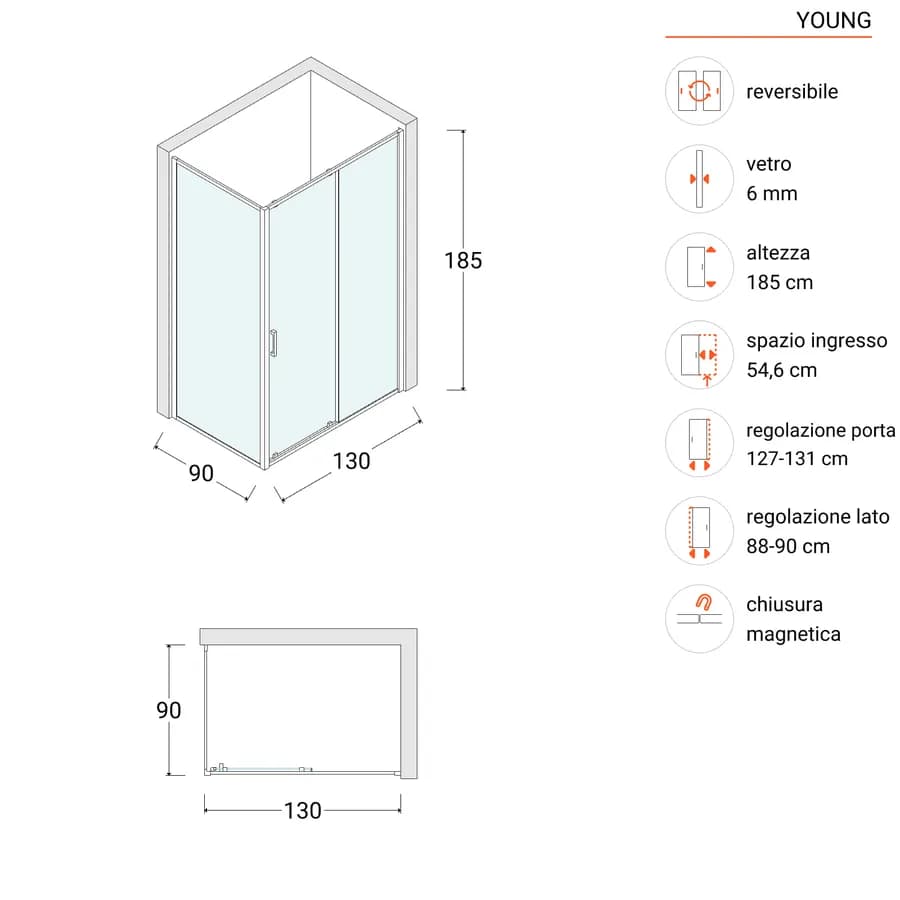 Box doccia 90x130 cm scorrevole vetro temperato 6mm trasparente 185h - Young