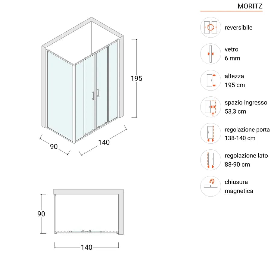 Box doccia 90x140 cm doppio scorrevole vetro trasparente anticalcare profilo cromo 195h - Moritz