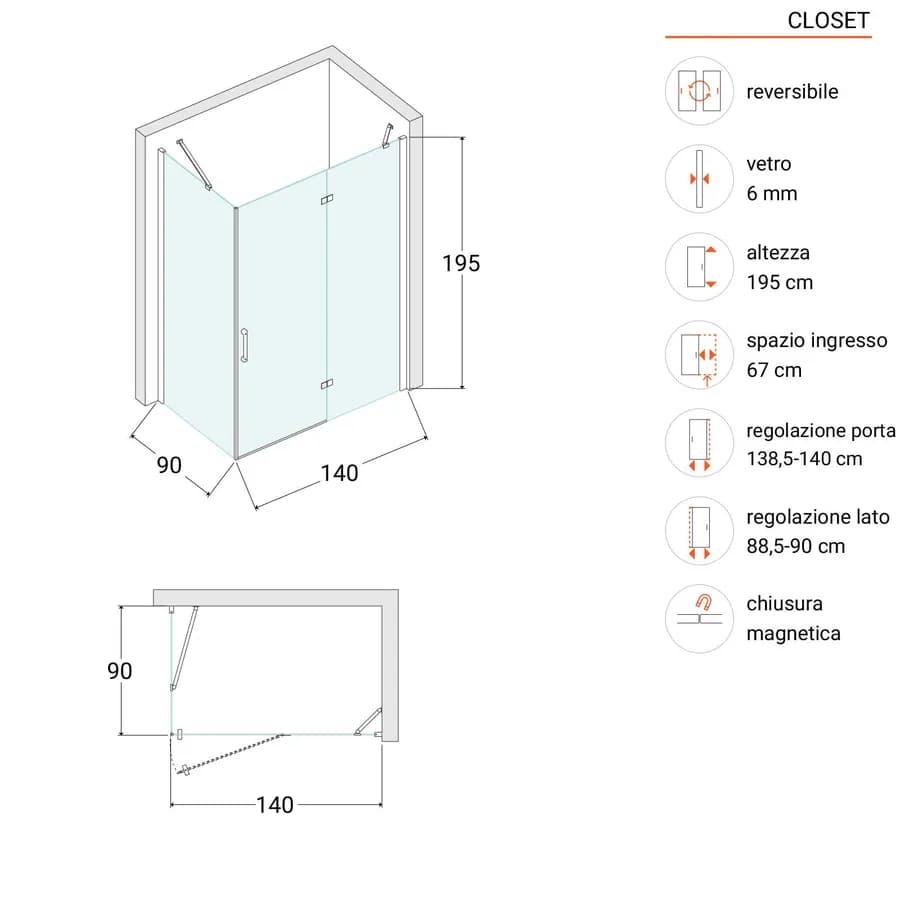 Box doccia 90x140 cm battente vetro temperato anticalcare 195h - Closet