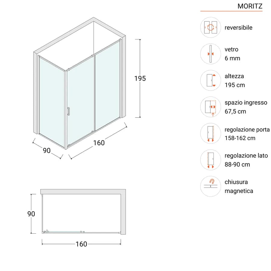 Box doccia 90x160 cm porta scorrevole vetro opaco profilo cromo 195h - Moritz