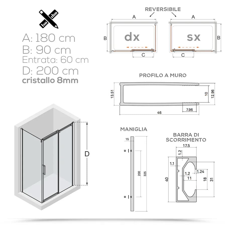 Box doccia 90x180 cm scorrevole in cristallo trasparente e profilo cromo 200h - Helios